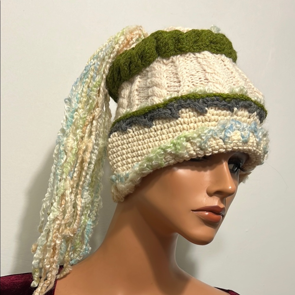 Handcrafted Cream and Green Knit Hat